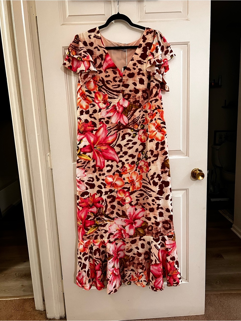 Floral Leopard Print V-Neck Maxi Dress - Pink & Brown
